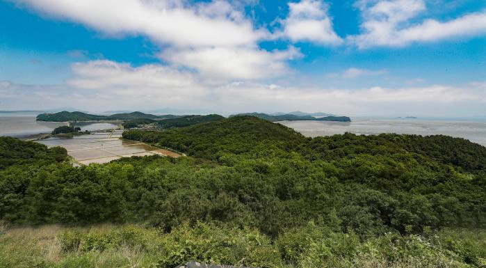 산 정상에서 바라본 볼음도 전경. 섬에는 논을 비롯한 경작지가 많고 해안 주위로 갯벌이 발달해 있다.