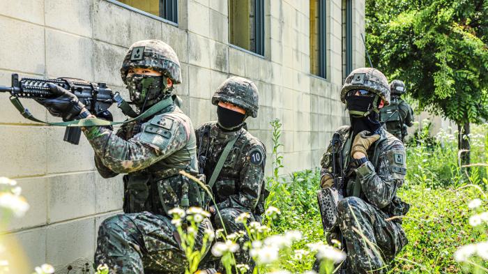 육군종합행정학교 2024년 전반기 수직적 통합훈련에 참여한 교육생들이 대항군을 수색하고 있다. 부대 제공