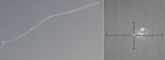 군 열상감시장비로 촬영된 북한 미사일이 비정상적으로 회전하며 비행하고 있다. 오른쪽은 공중폭발해 산산조각 나는 북한 미사일. 합참 제공 영상 캡처