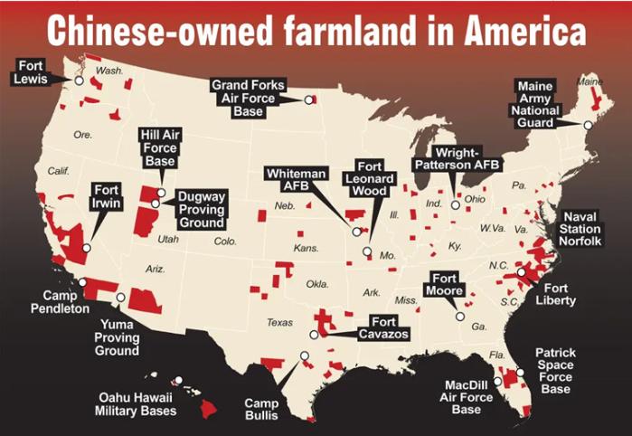 미국 내 19개 주요 군사기지 주변의 중국인 소유 농지. 출처=뉴욕포스트