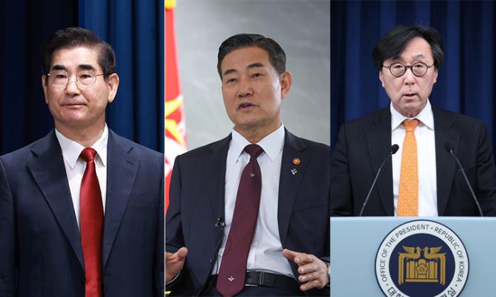 (왼쪽부터)김용현 국방부 장관 후보자, 신원식 국가안보실장 내정자, 장호진 외교안보특별보좌관 내정자