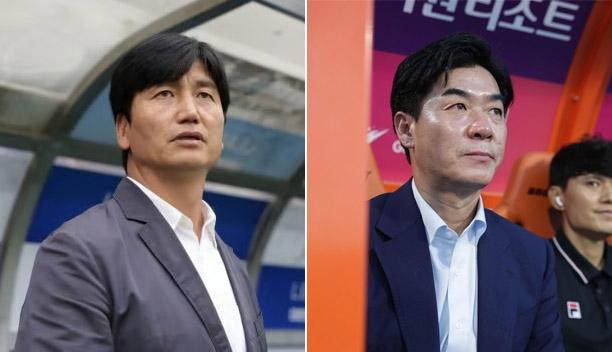 김천 상무 정정용(왼쪽) 감독과 강원 FC 윤정환 감독.