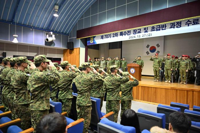 지난 27일 해군특수전전단 한주호관에서 열린 제70기 2차 특수전 장교/초급반 수료식에서 수료생들이 경례하고 있다. 부대 제공