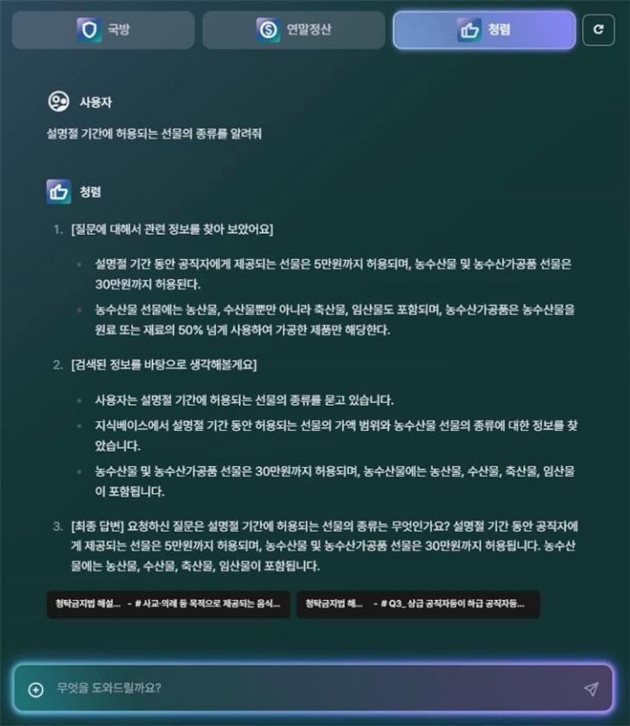 국방청렴 GPT가 ‘설 명절에 허용되는 선물 종류’를 묻는 질문에 답변하고 있다. 국방부 제공