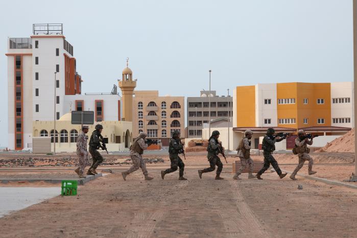 해병대2사단 장병들이 지난 13일(현지시간) 아랍에미리트(UAE) 알하므라 도시지역훈련장에서 열린 연합 도시지역작전 훈련 중 UAE군과 팀을 이뤄 이동하고 있다.