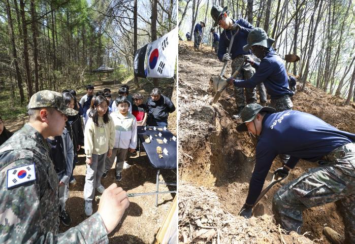 (왼쪽)육군36보병사단이 지난달 30일 강원 횡성군 송한리 일대에서 진행한 6·25전사자 유해발굴 현장 견학에서 안흥초등학교 학생들이 이광연(대위) 횡성대대 지원과장의 설명을 듣고 있다. 36사단 예하 독수리여단 횡성대대 장병들이 유해발굴을 위해 흙 파기 작업을 하고 있다.