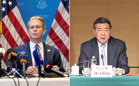 지난 10~11일(현지시간) 스위스 제네바에서 진행된 미·중 고위급 관세 협상에서 미국 측 대표 스콧 베선트(왼쪽) 재무장관과 중국 측 대표 허리펑 부총리가 마라톤 협상을 벌였다. 로이터·신화·연합뉴스