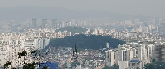남산에서 조망한 낙산. 산 오른쪽 숲속에 비우당이 있다.