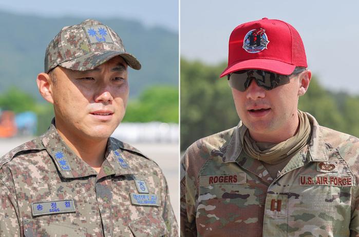 (왼쪽부터) 송정철(중령) 91전대 공병작전과장, 셀린 로저스(대위) 미 554 레드호스 실버플래그 팀장