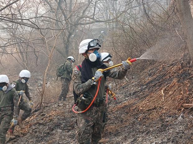 산청·하동 산불 진화작전에 투입된 장병들.