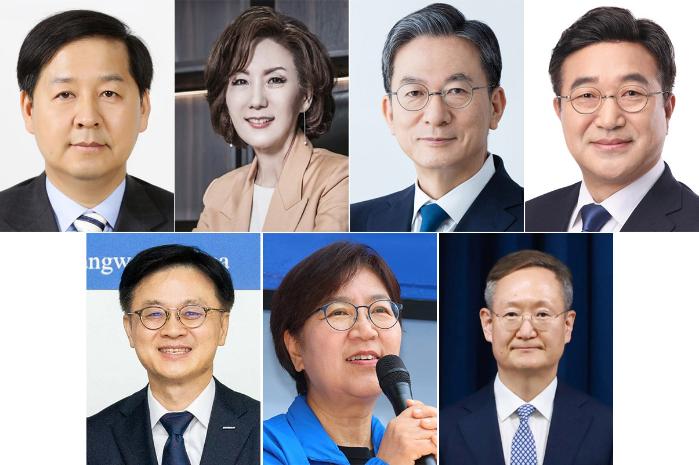 (왼쪽부터) 구윤철 후보자, 이진숙 후보자, 정성호 후보자, 윤호중 후보자, 김정관 후보자, 정은경 후보자, 봉욱 민정수석