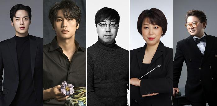 (왼쪽부터) 안창호 역 테너 강명보, 안창호 역 테너 백인태, 연출 이효석, 지휘자 로즈송, 예술총감독 하만택 