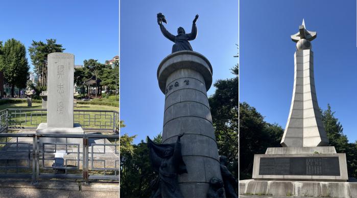 (왼쪽부터) 장춘단비, 유관순 동상, 3·1독립운동기념탑.