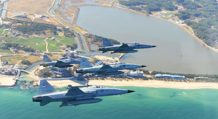 공군18전투비행단이 운용하는 F-5 전투기가 강원 강릉시 경포호 상공에서 편대비행을 수행하고 있다.