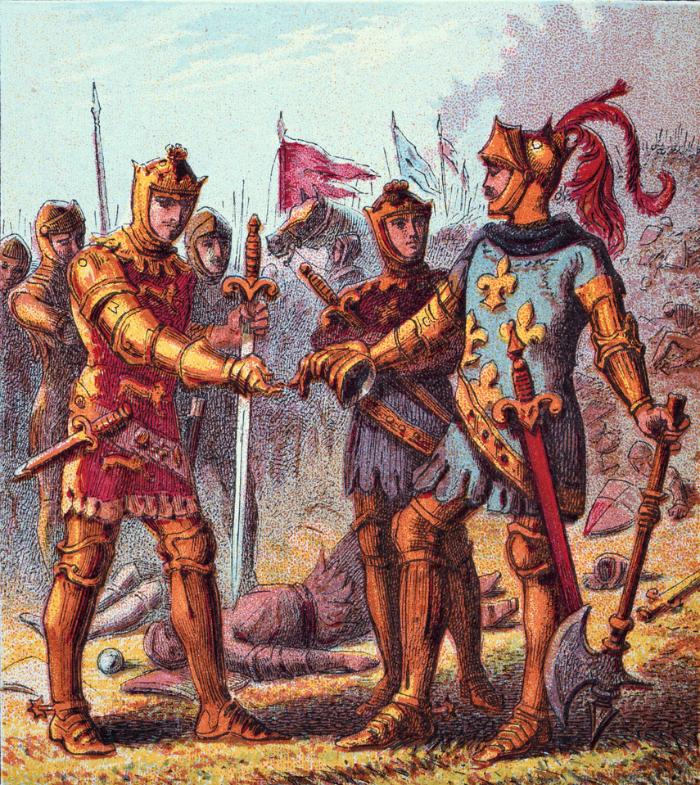 프랑스의 왕 장 2세가 백년전쟁의 주요 전투 중 하나인 푸아티에전투에서 에드워드 흑태자에게 항복하는 모습을 묘사한 삽화. 게티이미지뱅크