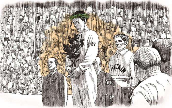 1936년 베를린 올림픽에서 마라톤 금메달을 따낸 손기정 선수의 시상식 모습을 그린 펜화. 손기정기념재단 제공