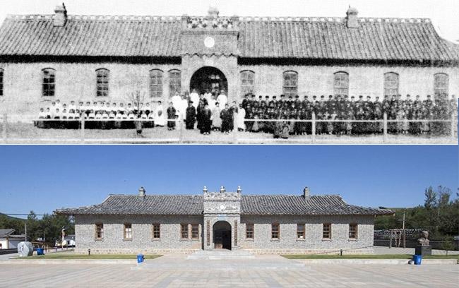 명동학교 운영 당시 학생들의 기념사진과 현재 남아 있는 명동학교 모습.