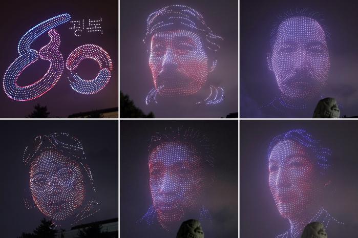 지난 14일 서울 여의도 국회의사당에서 열린 ‘제80주년 광복절 전야제’에서 독립 영웅들의 초상을 하늘에 그려내는 대규모 드론쇼가 펼쳐지고 있다. 윗줄 왼쪽 두 번째부터 시계방향으로 홍범도 장군, 김좌진 장군, 남자현 지사, 안중근 의사, 권기옥 지사. 연합뉴스