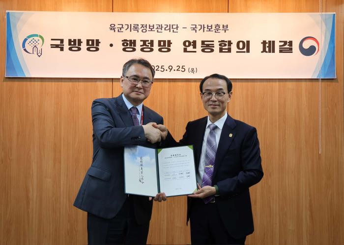 주용선(오른쪽) 육군기록정보관리단장과 이승우 국가보훈부 보상정책국장이 25일 시스템 연동 합의서를 들고 기념촬영하고 있다. 부대 제공
