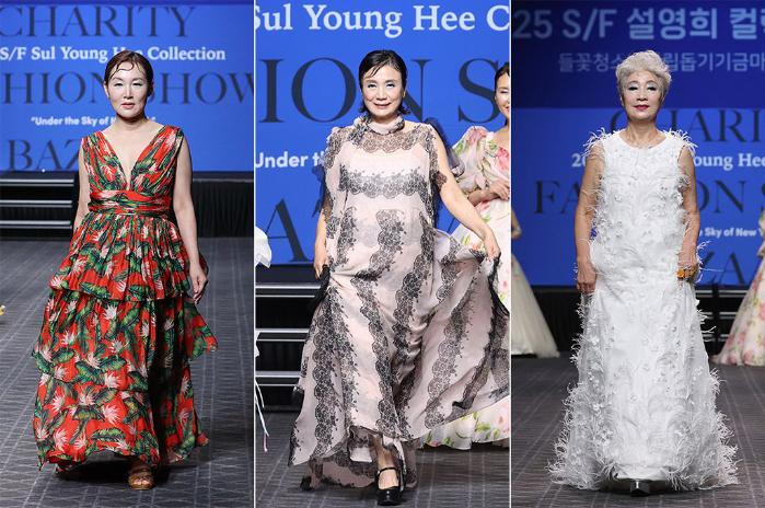 지난 6월 서울 용산구 그랜드하얏트호텔에서 열린 ‘2025 S/F 설영희 패션쇼’에서 시니어 모델들이 런웨이를 걷고 있다. 연합뉴스