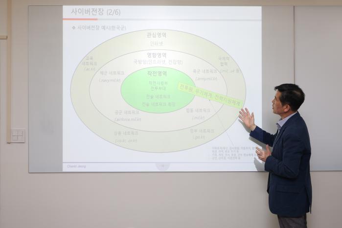 아주대학교 대학원 국방디지털융합학과의 사이버전장 관련 강의가 진행되고 있다.