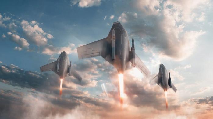 실드AI가 개발하고 있는 무인전투기 X-BAT의 수직이륙 상상도.