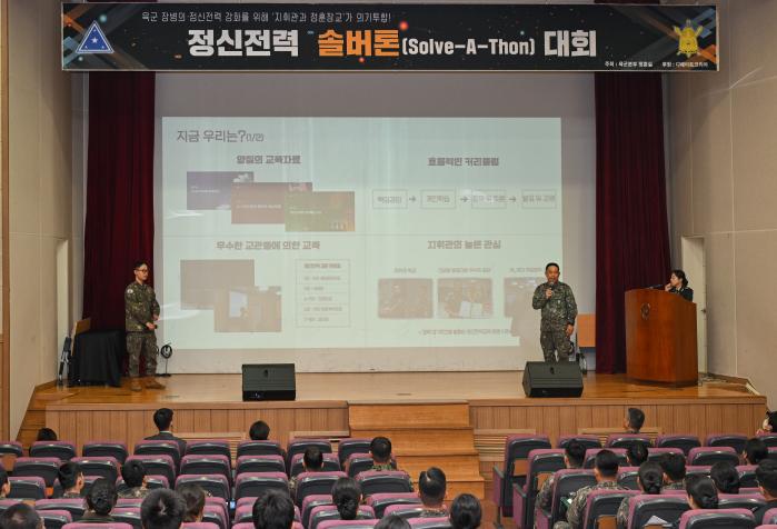 육군이 4일 개최한 정신전력 솔버톤(Solve-A-Thon) 대회에서 참가자들이 발표하고 있다. 육군 제공