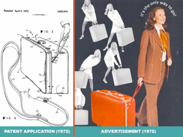 1972년 제출된 버나드 섀도의 특허출원서와 그가 발명한 바퀴 달린 가방의 첫 광고. 필자 제공