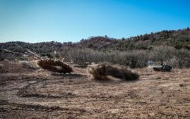 지난 20일 백령도 종합기동훈련장에서 진행된 해병대6여단 화생방지원대 적외선 차장 연막 유탄 운용 훈련에서 연막탄이 터지고 있다. 부대 제공