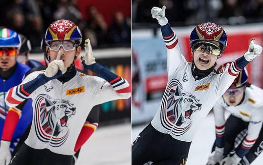 임종언(왼쪽)과 김길리가 1일(한국시간) 네덜란드 도르드레흐트의 스포르트불레바르에서 열린 2025-2026 국제빙상경기연맹(ISU) 쇼트트랙 월드투어 4차 대회 남자 1000ｍ와 여자 1500ｍ에서 각각 우승한 후 환호하고 있다. 신화·연합뉴스