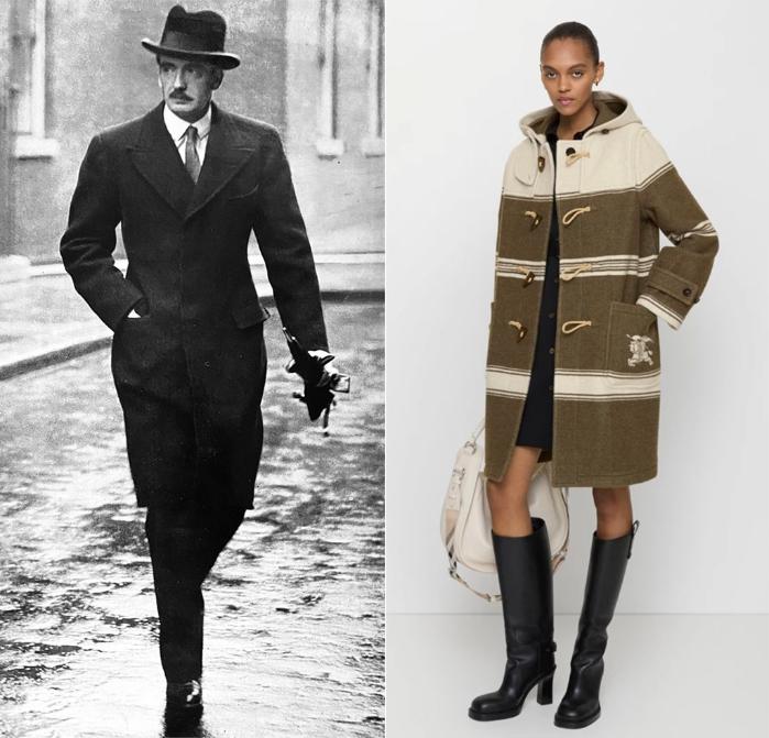 더블 브레스트 라펠이 달린 싱글 브레스트 체스터필드 셔츠를 입은 앤서니 이든 전 영국 총리(왼쪽 사진)와 버버리의 더플코트. 사진=필자, 버버리 제공