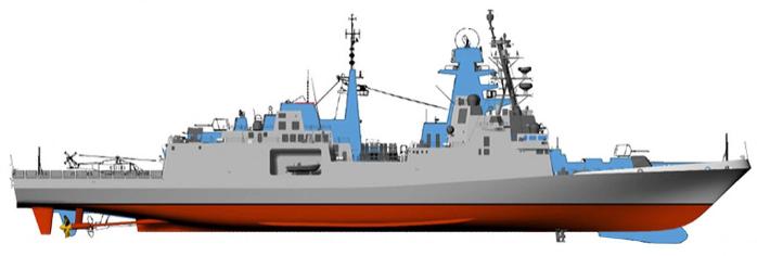 FREMM급(카를로 베르가미니급) 호위함과 컨스텔레이션 호위함의 형상 비교. 미 해군의 설계 변경 요구로 원형(파란색)보다 길어지고 넓어졌다. 출처=핀칸티에리