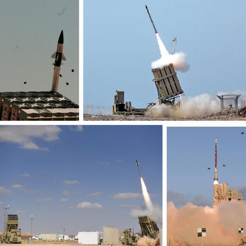 이스라엘 3대 도시인 북부 하이파 외곽에 있는 방산기업 라파엘 어드밴스드 디펜스 시스템스 연구소에서 실시한 ‘아이언돔’과 ‘다윗의 돌팔매(아래 오른쪽)’ 발사 장면. 이스라엘 국방부 제공