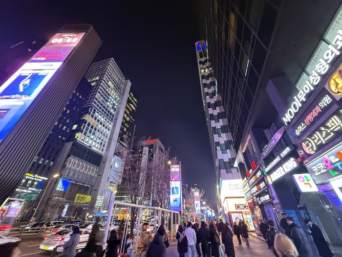 서울의 대표적인 번화가 강남역에 밀집한 빌딩들이 늦은 밤 빛을 밝히고 있다. 필자 제공