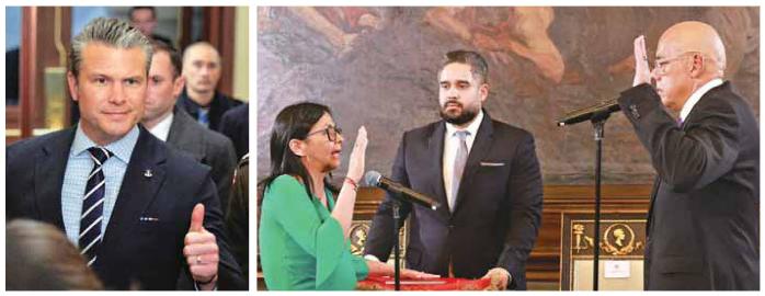 피트 헤그세스 미국 전쟁부(국방부) 장관이 5일(현지시간) 마두로 대통령 체포 작전 관련 브리핑을 위해 워싱턴DC 국회의사당에 들어서면서 엄지손가락을 치켜올리고 있다. 오른쪽 사진은 델시 로드리게스(왼쪽) 베네수엘라 부통령이 같은 날 카라카스에 있는 국회의사당에서 친오빠인 호르헤 로드리게스 국회의장 앞에서 임시대통령 취임 선서를 하는 모습. AFP·로이터·연합뉴스