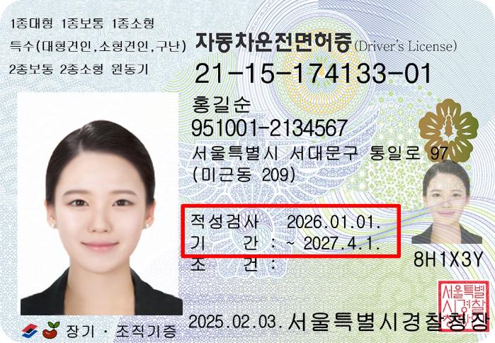 개정 후 운전면허증 이미지 사진. 국민 혼란을 방지하고자 기존 운전면허 소지자의 개정 이후 첫 갱신에 대해서는 기존 기간인 ‘2026년 1월 1일부터 12월 31일’을 함께 적용한다. 한국도로교통공단 제공