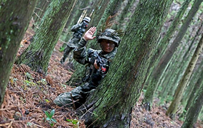 해병대9여단 92대대 장병이 쌍방교전훈련 중 삼나무 뒤에 몸을 숨긴 채 수신호로 작전 방향을 지시하고 있다.