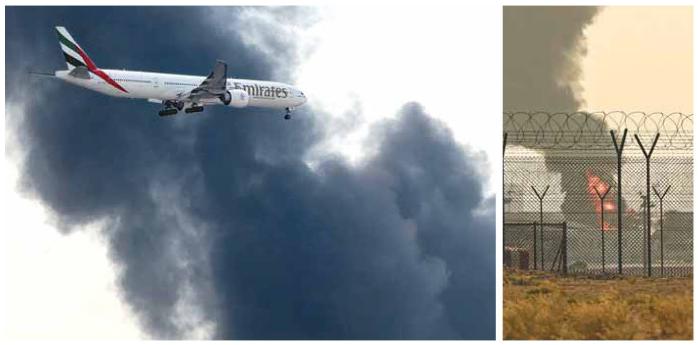 16일(현지시간) 이란의 드론 공격으로 아랍에미리트(UAE) 두바이 국제공항이 검은 연기에 휩싸인 가운데 에미레이트항공 여객기가 착륙을 시도하고 있다. 오른쪽 사진은 드론 공격으로 공항 내 연료탱크에서 화염과 연기가 치솟는 모습. AFP·연합뉴스