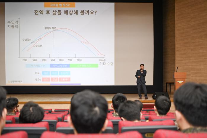 19일 공군11전투비행단 장병·군무원, 군 가족들이 금융감독원 인증 전문강사에게서 경제·금융교육을 받고 있다. 부대 제공