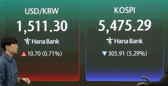 23일 서울 중구 하나은행 본점 딜링룸 전광판에 코스피와 원·달러 환율이 표시돼 있다. 연합뉴스