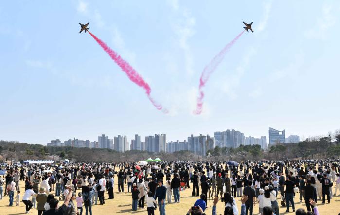 28일 공군교육사령부 부대개방행사에서 공군 특수비행팀 블랙이글스가 축하 비행을 하고 있다. 부대 제공
