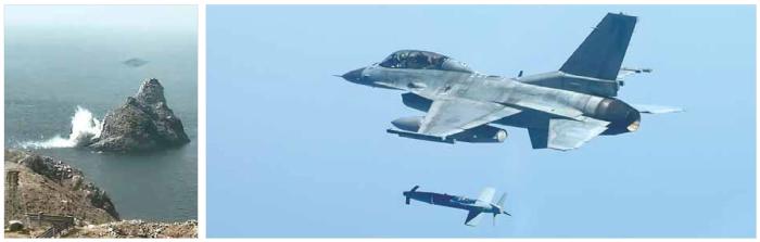 공군 KF-16 전투기가 지난 27일 서해 해상사격장에서 2026년 1분기 공대공·공대지 실사격훈련 중 SPICE-2000 공대지 정밀 유도폭탄을 투하해(오른쪽 큰 사진) 표적을 정확히 명중시키고 있다(왼쪽 작은 사진). 공군공중전투사령부가 주관한 이번 훈련은 지난 23일부터 이날까지 진행됐다. 훈련에는 우리 공군의 F-35A, F-15K, KF-16, F-16, FA-50, F-5 등 총 70여 대의 전력이 참가했다. 부대 제공