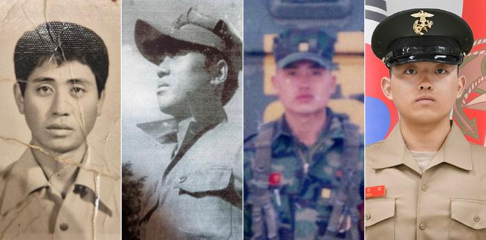 군 최초의 4대(代) 해병 가족이 탄생했다. 왼쪽부터 1대 고(故) 김재찬 옹, 2대 김은일 옹, 3대 김철민 씨, 4대 김준영 이병. 해병대 제공