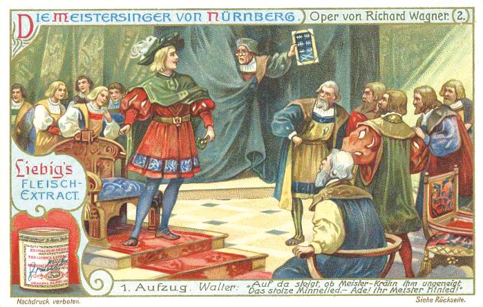 바그너 ‘뉘른베르크의 마이스터징거’의 1막 장면을 그린 독일 식재료품 회사의 광고 카드. 필자 제공