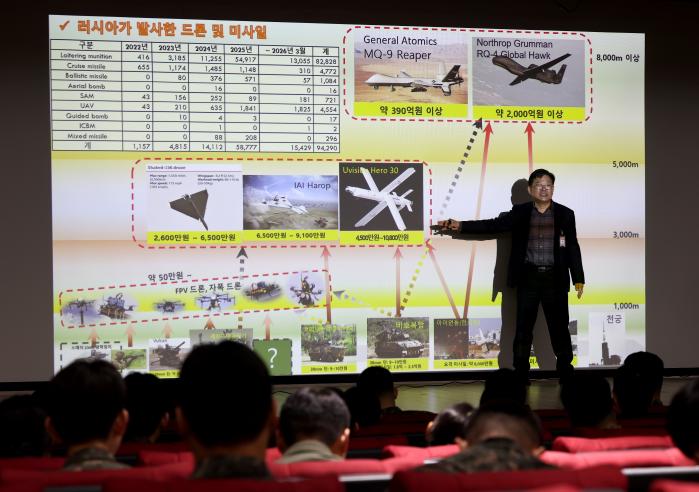 대드론산업협회 관계자가 대위·신임장교 지휘참모과정 교육생 대상 대드론 교육을 하고 있다.