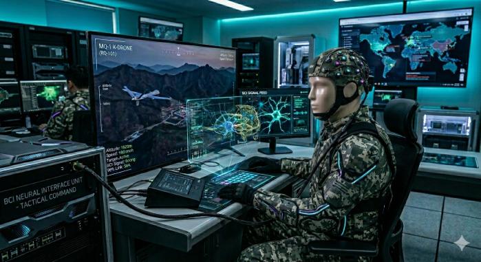 미래 전장에서 가상의 병사가 뇌-컴퓨터 인터페이스(BCI) 기술을 활용해 생각만으로 드론을 운용하는 모습. 생성형 인공지능(AI) 제미나이로 이미지를 구현했다.