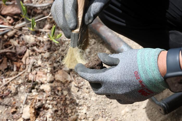 유해 추정 물체를 확인하고 있다.