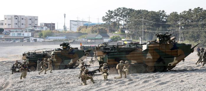 우리 해병대 장병들과 뉴질랜드 육군 장병들이 상륙돌격장갑차를 이용해 해안에 상륙한 뒤 하차 전투를 하고 있다.