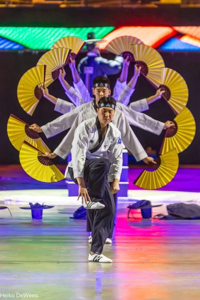 ‘아리랑 랩소디’에 맞춰 역동적인 태권도 군무를 선보이고 있는 육군 공연단.