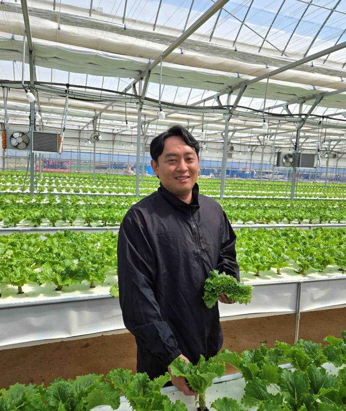 충남 당진시에서 청상추 스마트팜을 운영하고 있는 최성환 예비역 육군대위가 재배한 청상추를 들어 올리고 있다.